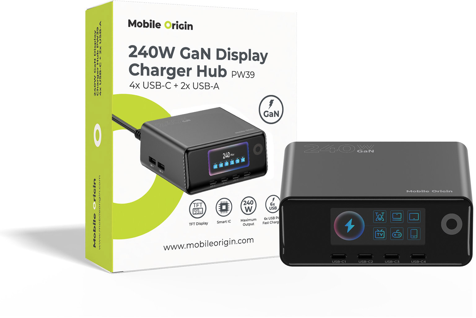 Mobile Origin 240W GaN Display Charger Hub PW39 - 4x USB-C + 2x USB-A