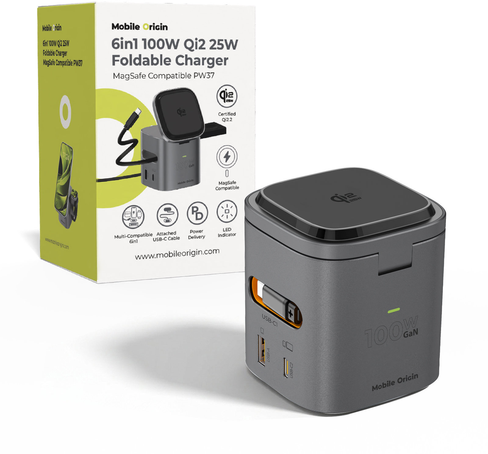 Mobile Origin 100W Qi2 25W Foldable Charger PW37 MagSafe Compatible