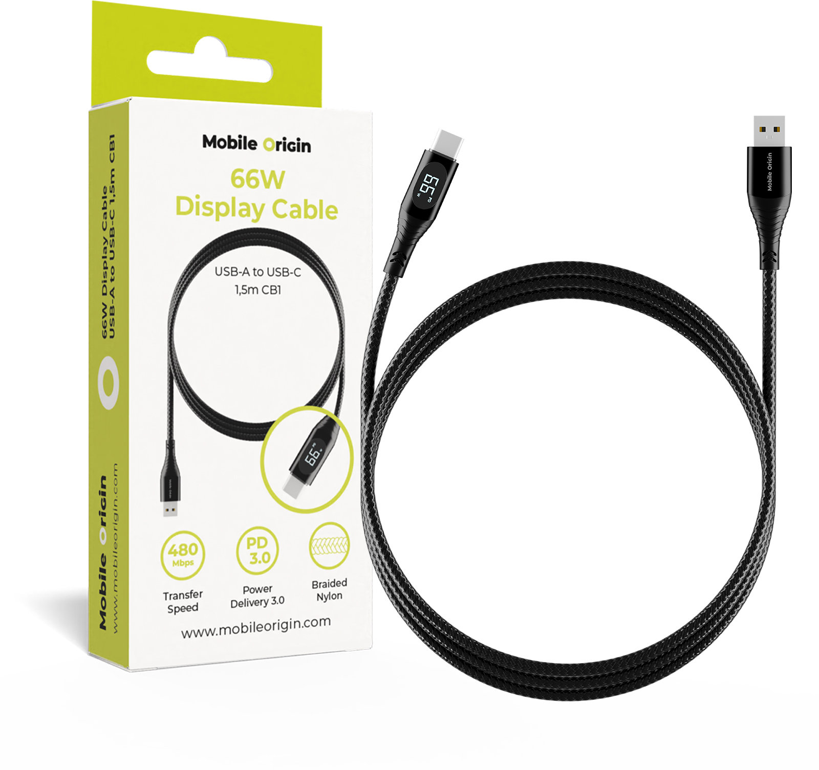 Mobile Origin 66W Display Cable USB-A to USB-C 1,5m CB1