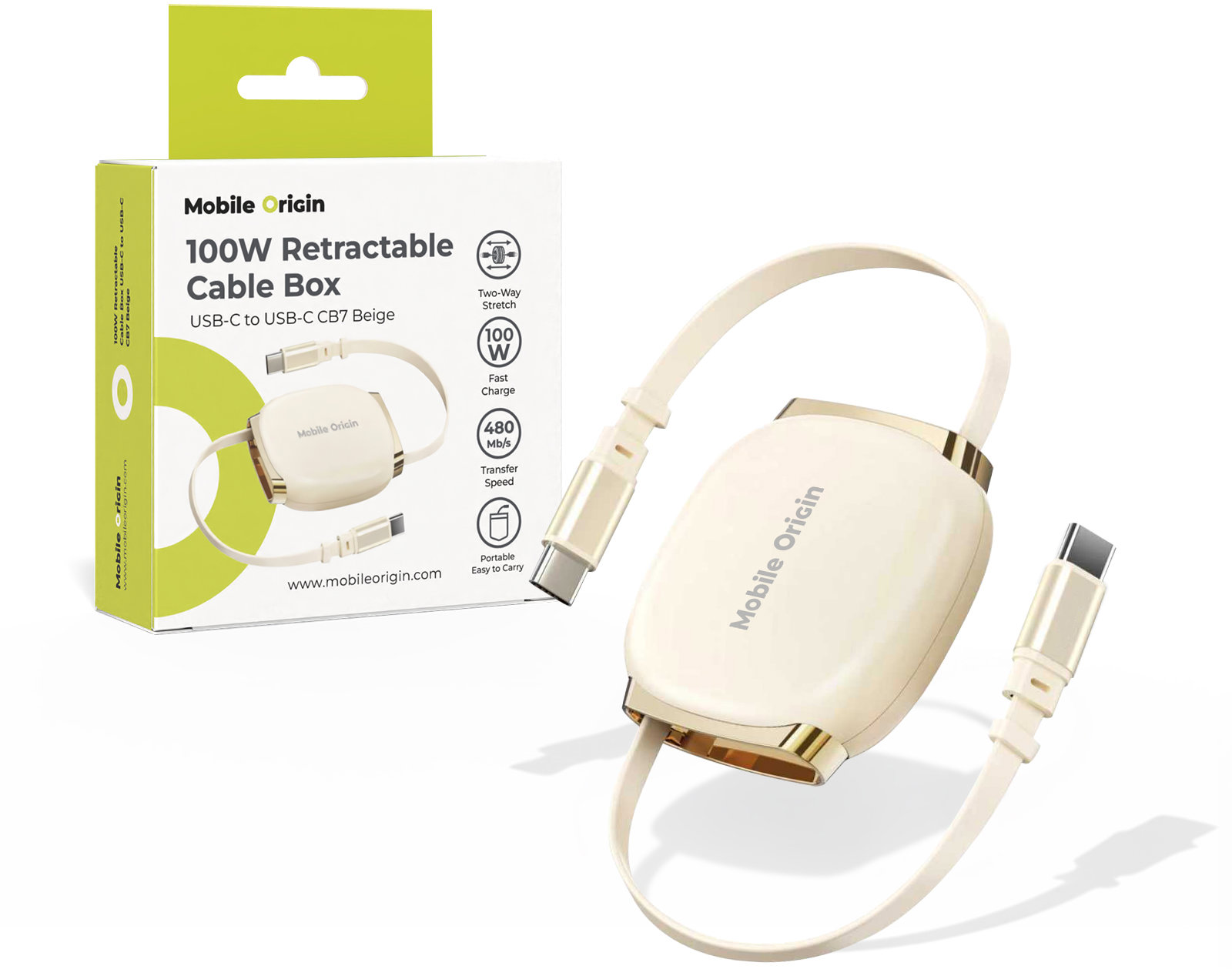 Mobile Origin 100W Retractable Cable Box USB-C to USB-C CB7 Beige