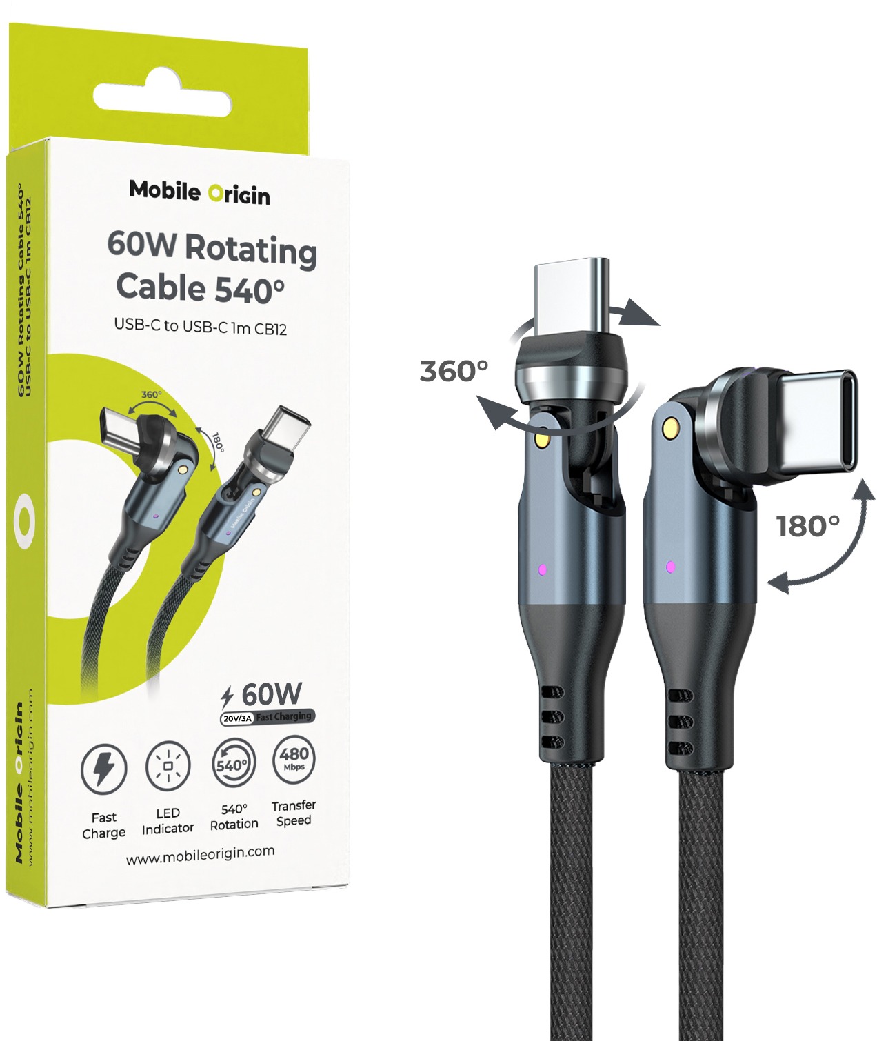 Mobile Origin 60W Rotating Cable 540° USB-C to USB-C 1m CB12