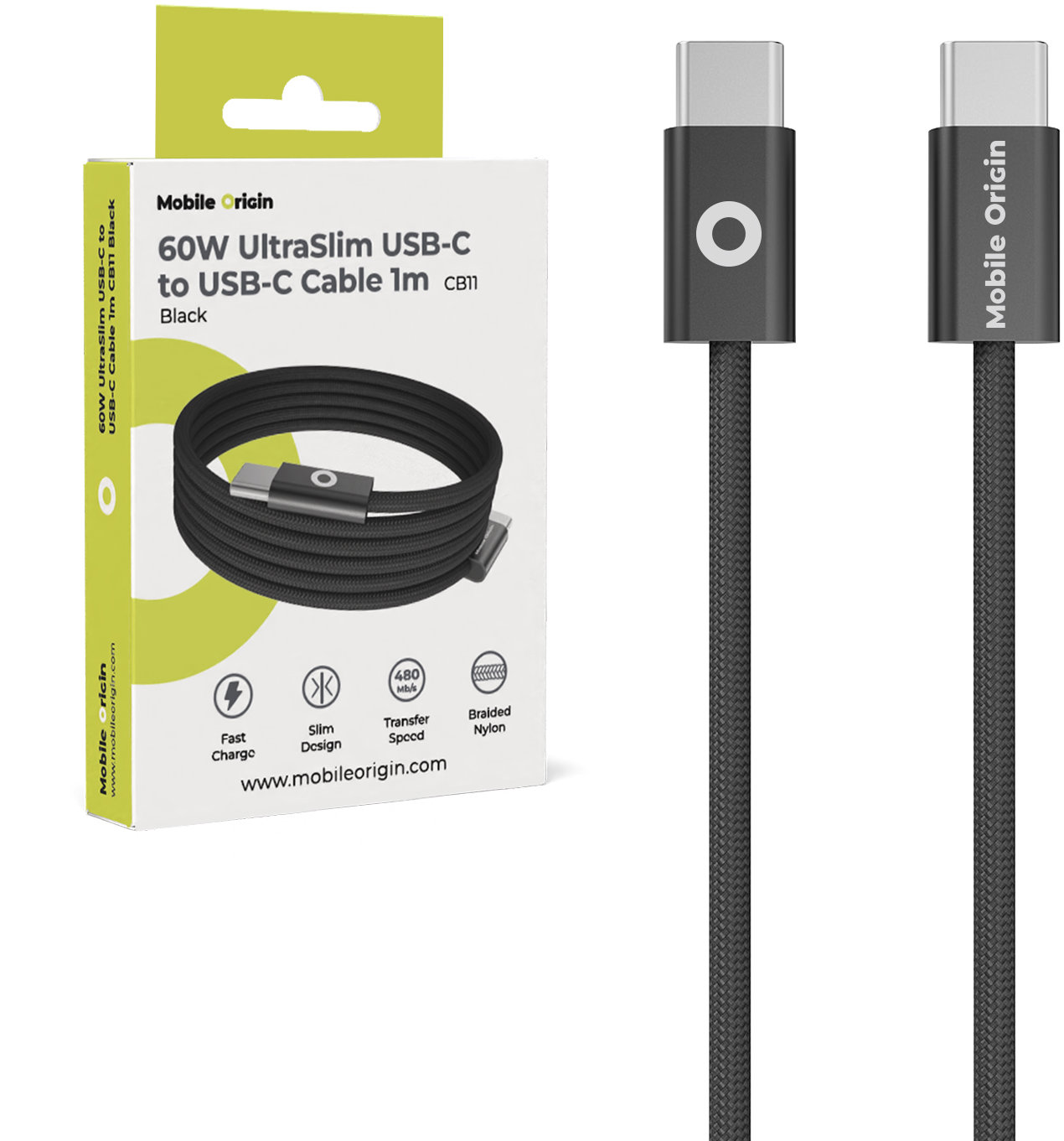 Mobile Origin 60W UltraSlim USB-C to USB-C Cable 1 m CB11 Black