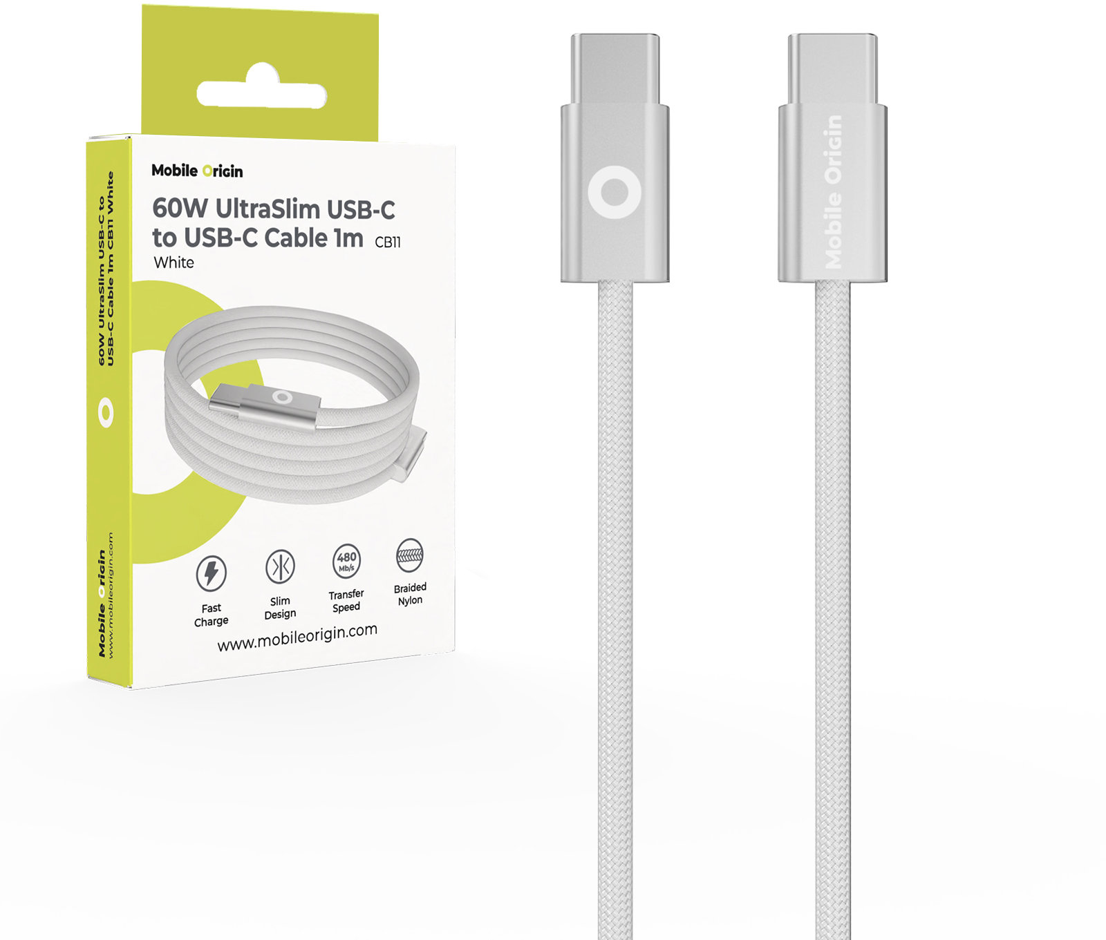 Mobile Origin 60W UltraSlim USB-C to USB-C Cable 1 m CB11 White