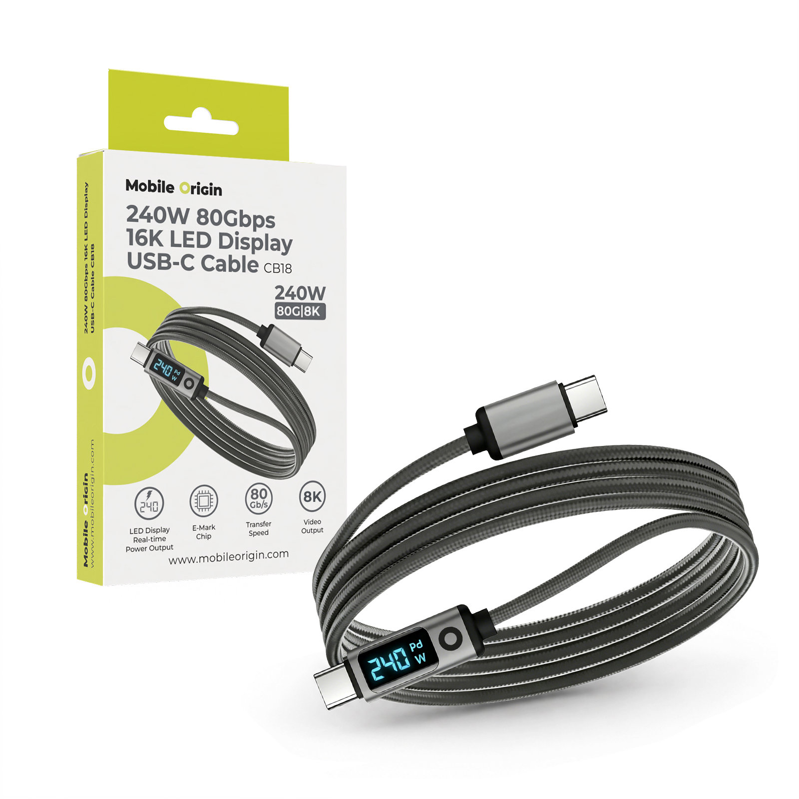 Mobile Origin 240W 80Gbps, 8K/60Hz LED Display USB-C Cable 1.5m CB18