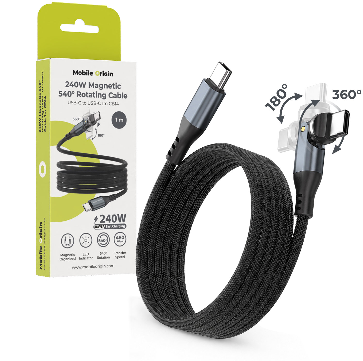 Mobile Origin 240W Magnetic 540° Rotating USB-C to USB-C Cable 1 m CB14