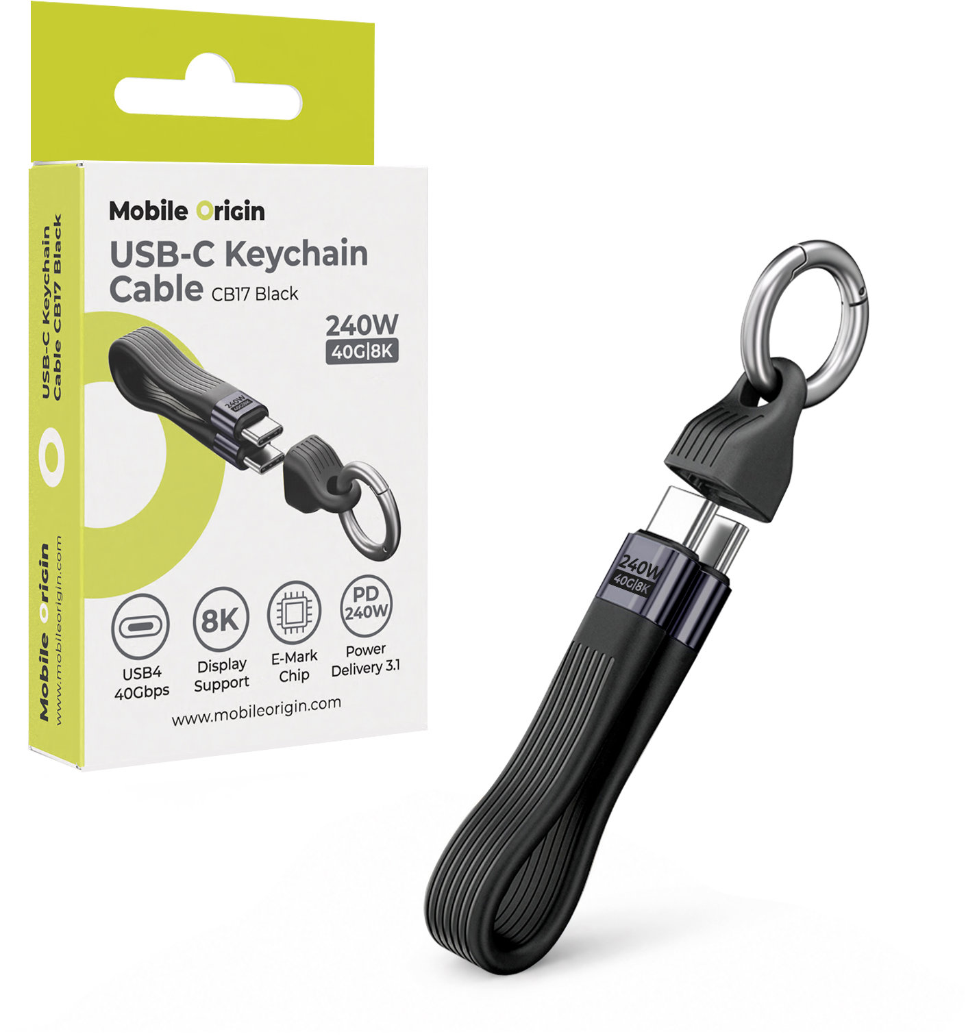 Mobile Origin 240W 40Gbps 8K USB-C Keychain Cable CB17 Black