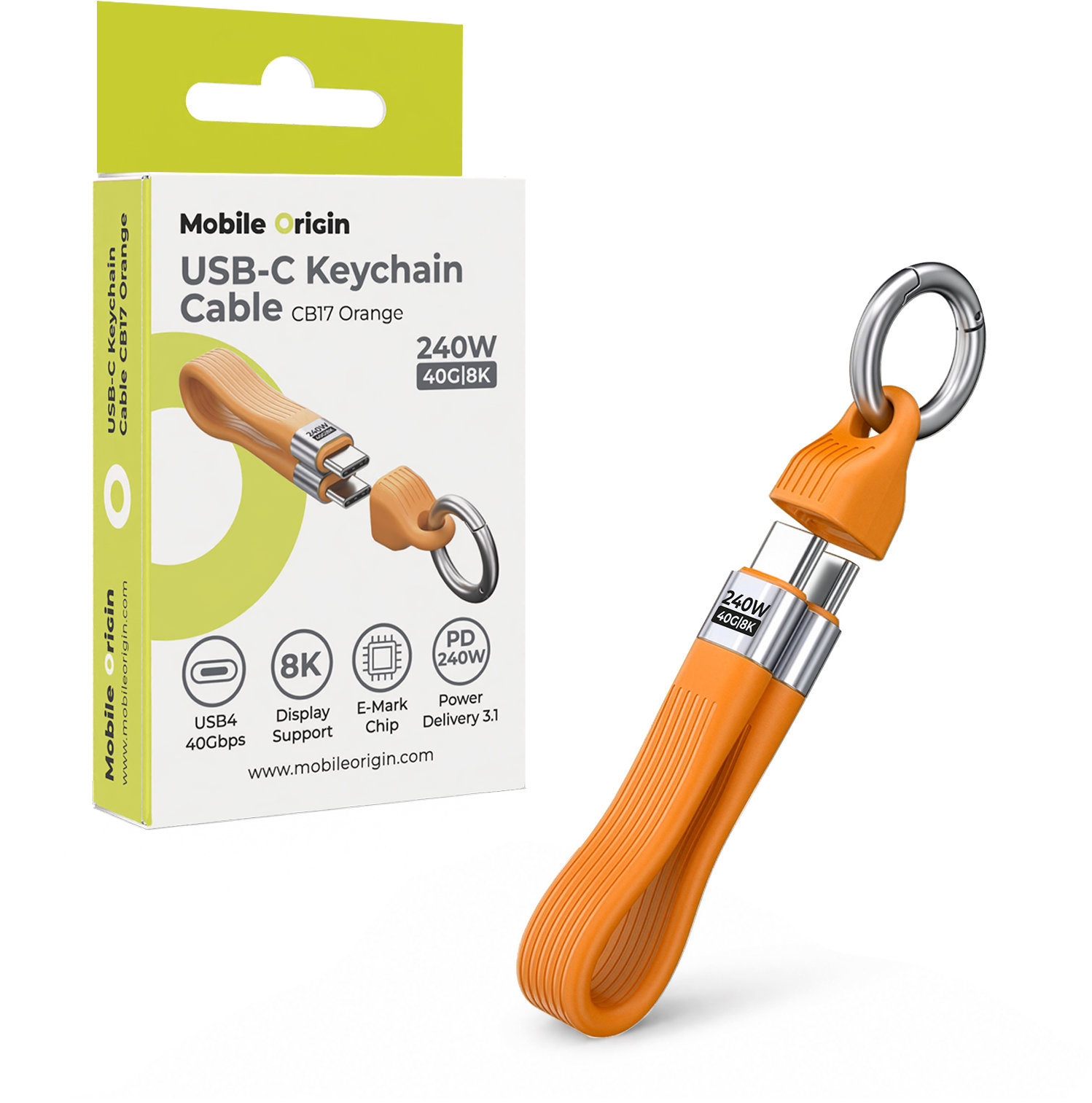 Mobile Origin 240W 40Gbps 8K USB-C Keychain Cable CB17 Orange