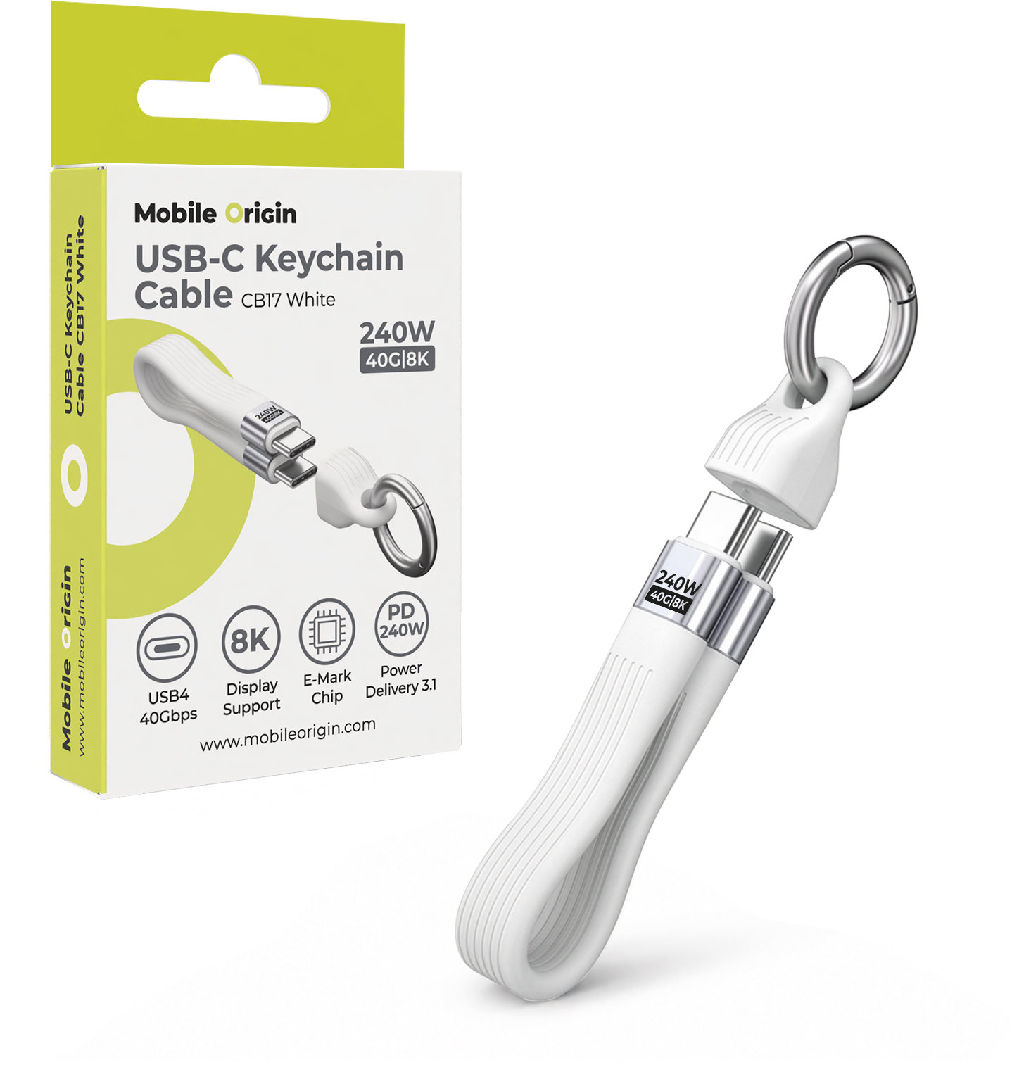 Mobile Origin 240W 40Gbps 8K USB-C Keychain Cable CB17 White