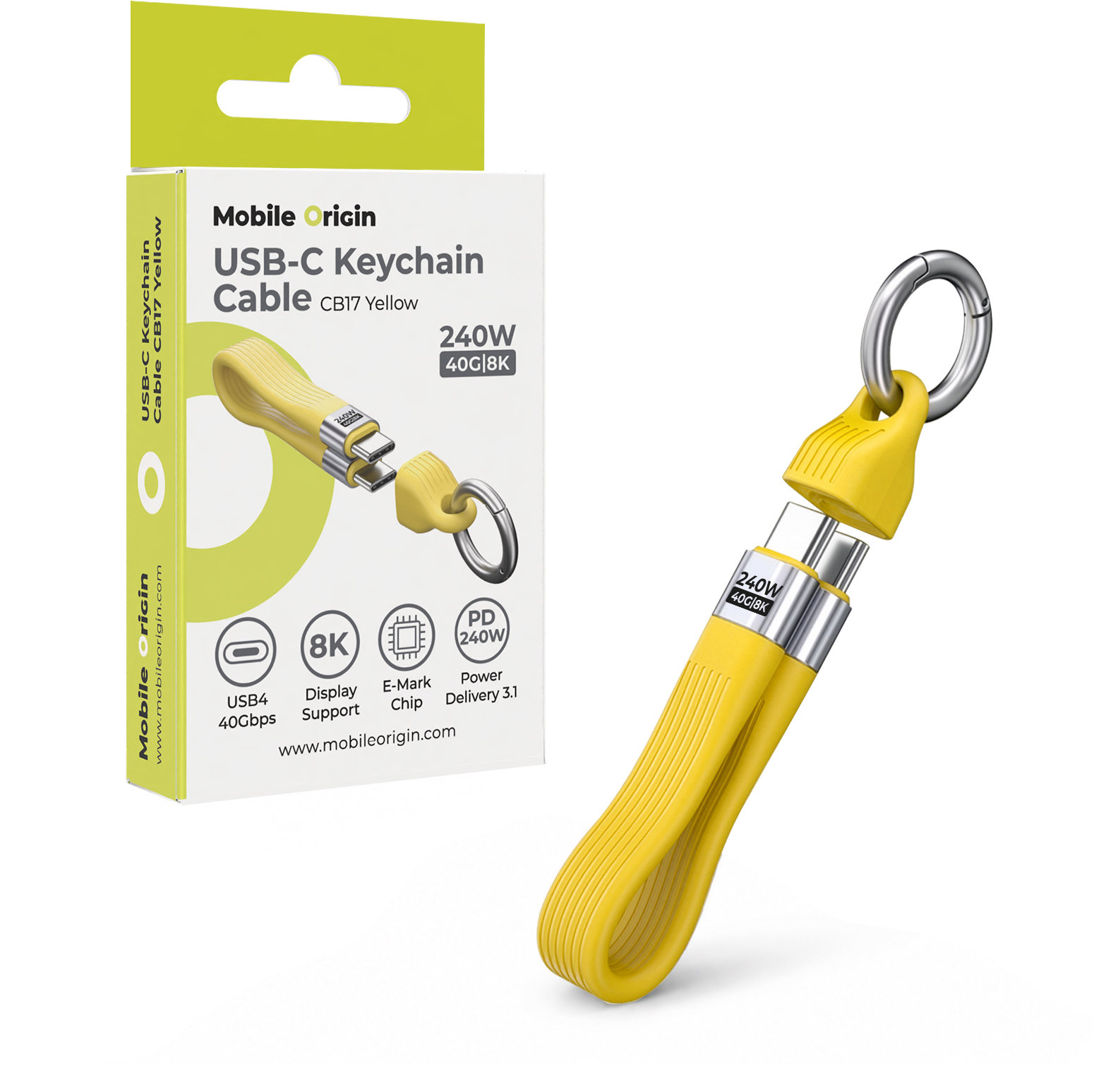 Mobile Origin 240W 40Gbps 8K USB-C Keychain Cable CB17 Yellow