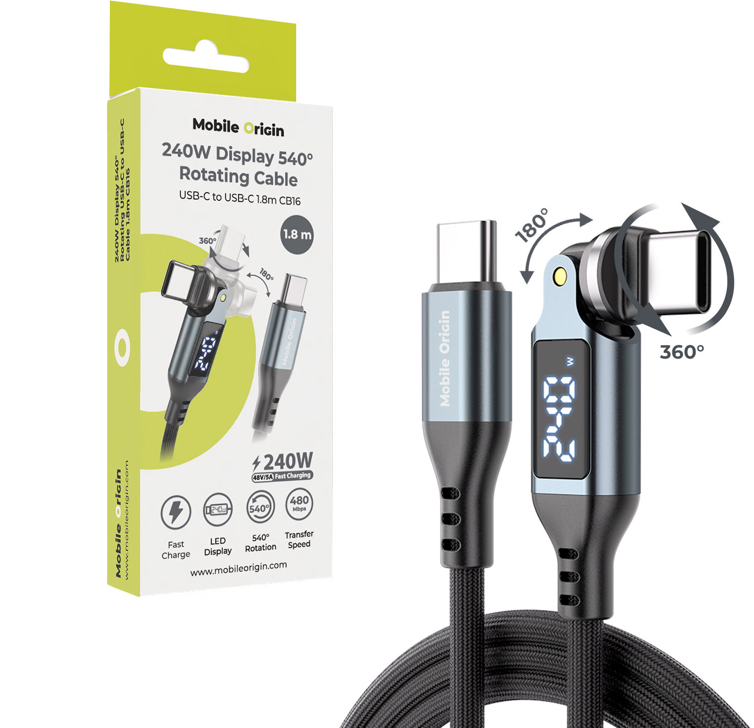 Mobile Origin 240W Display 540° Rotating USB-C to USB-C Cable 1.8 m CB16