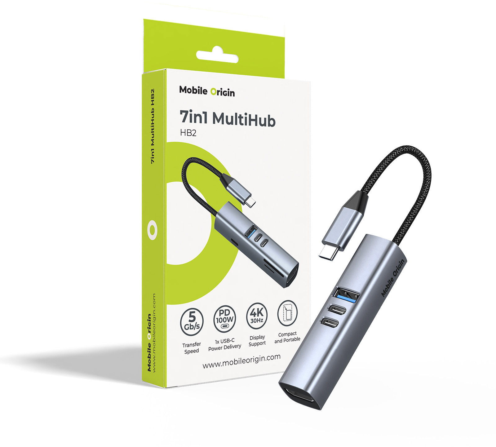 Mobile Origin 7in1 MultiHub HB2 - 3x USB-C, USB-A, HDMI, TF/SD Cards, USB-C Cable