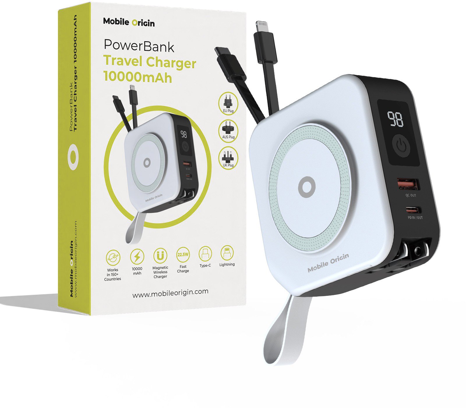 Mobile Origin Powerbank 10 000mAh and Travel Charger Lightning and USB-C cable White