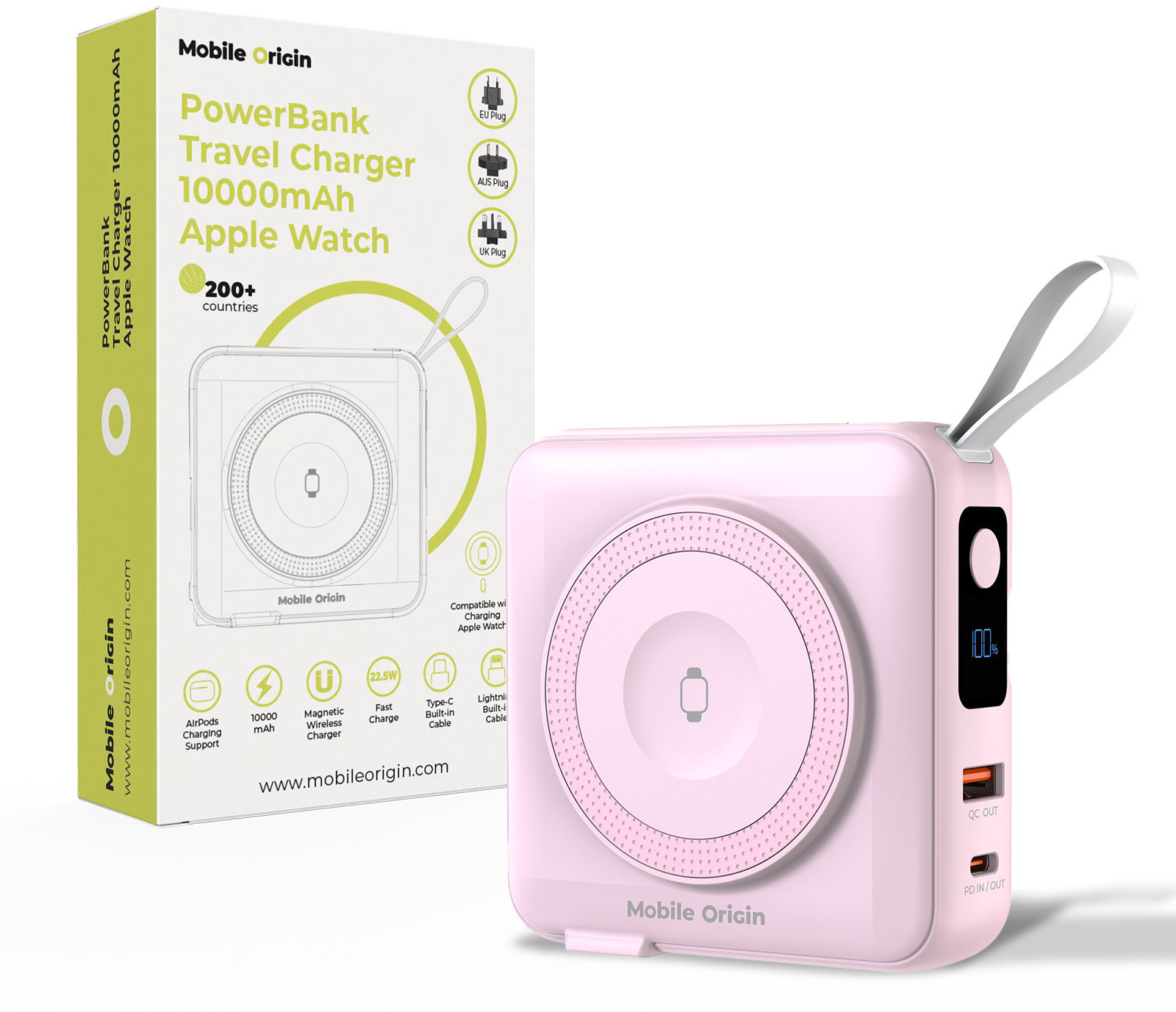 Mobile Origin Powerbank & Travel Charger Lightning/USB-C Cable MagSafe/AW/iPhone Compatible Pink