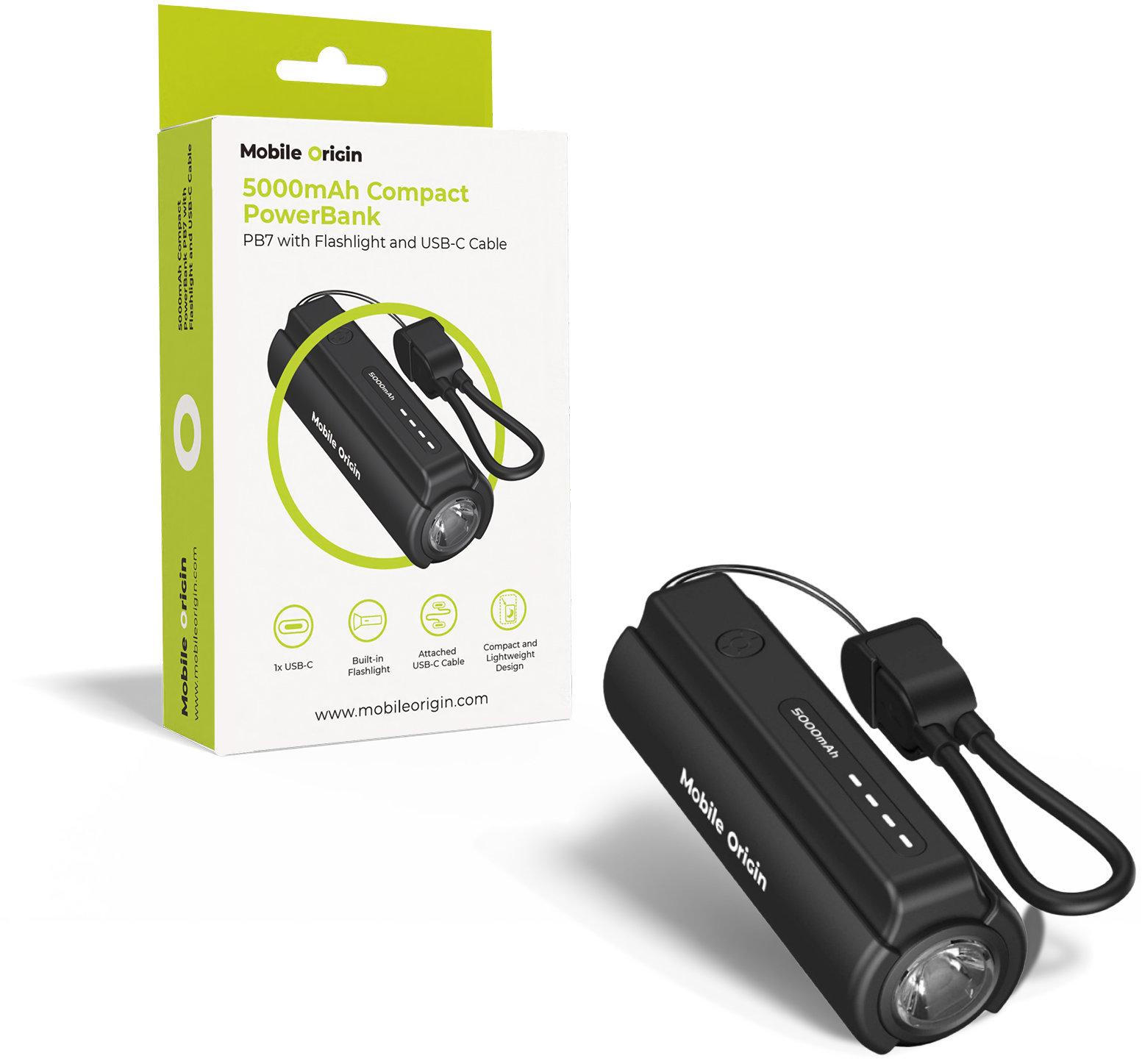 Mobile Origin 5000mAh Compact PowerBank PB7 with Flashlight and USB-C Cable