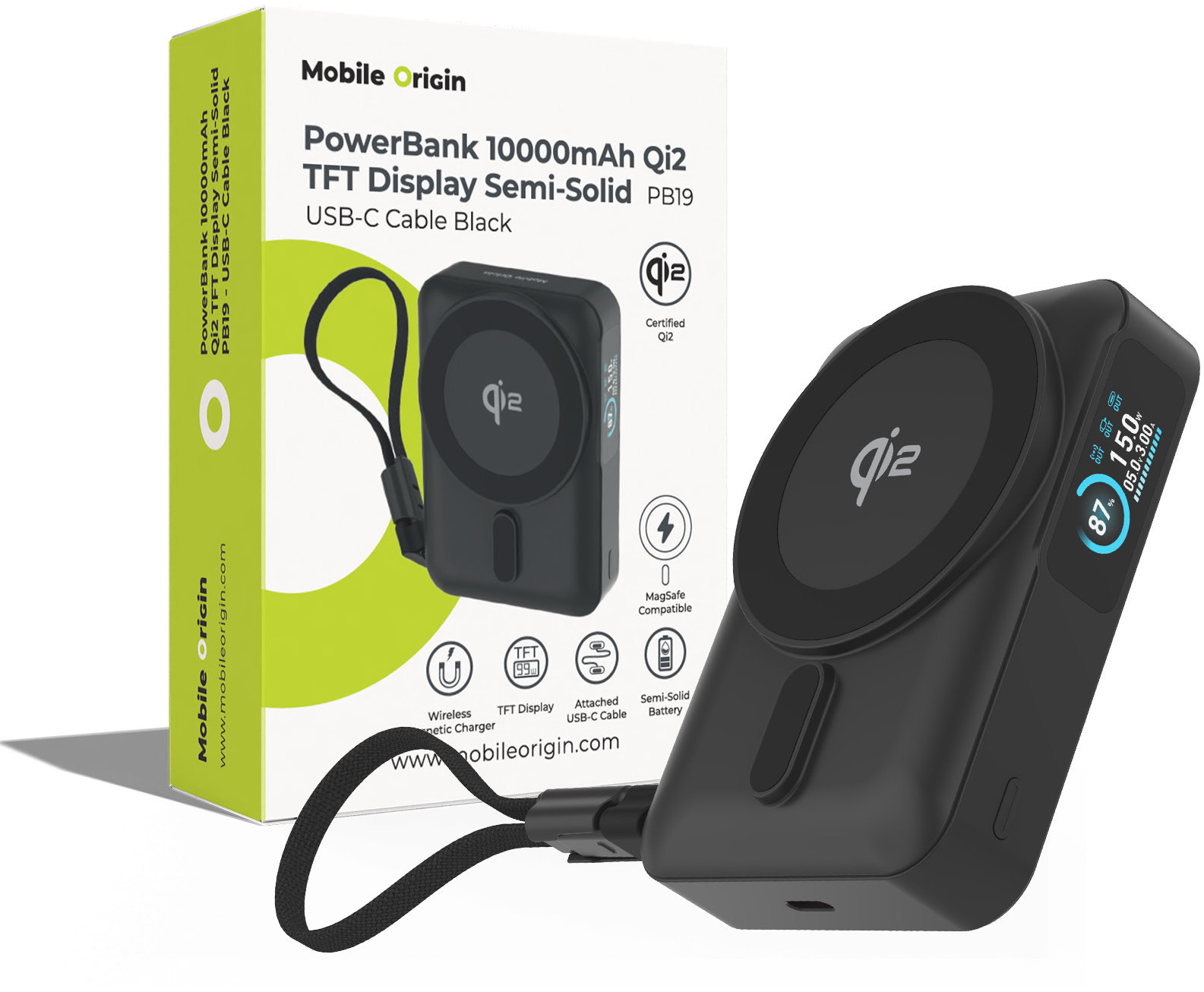 Mobile Origin 10000 mAh Qi2 TFT Display Semi-Solid PowerBank PB19 - USB-C Cable Black