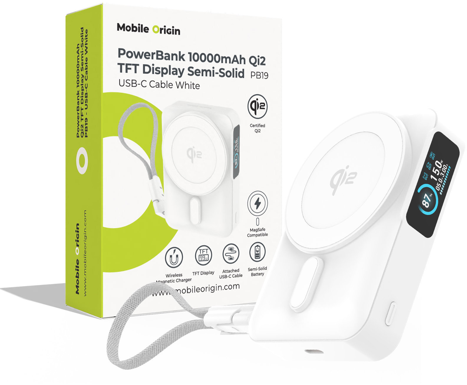Mobile Origin 10000 mAh Qi2 TFT Display Semi-Solid PowerBank PB19 - USB-C Cable White