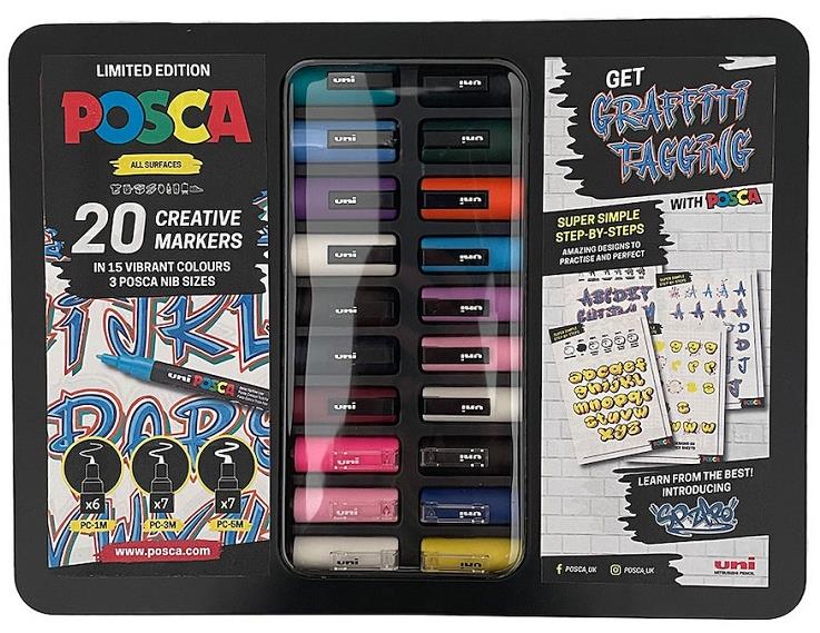Set 20 popisovačů UNI Posca Graffitti Tagging v kovové krabičce