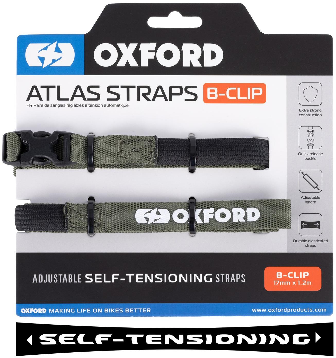 OXFORD zavazadlové popruhy Atlas B-Clip, 2 ks, 17 mm × 1,2 m, zelené