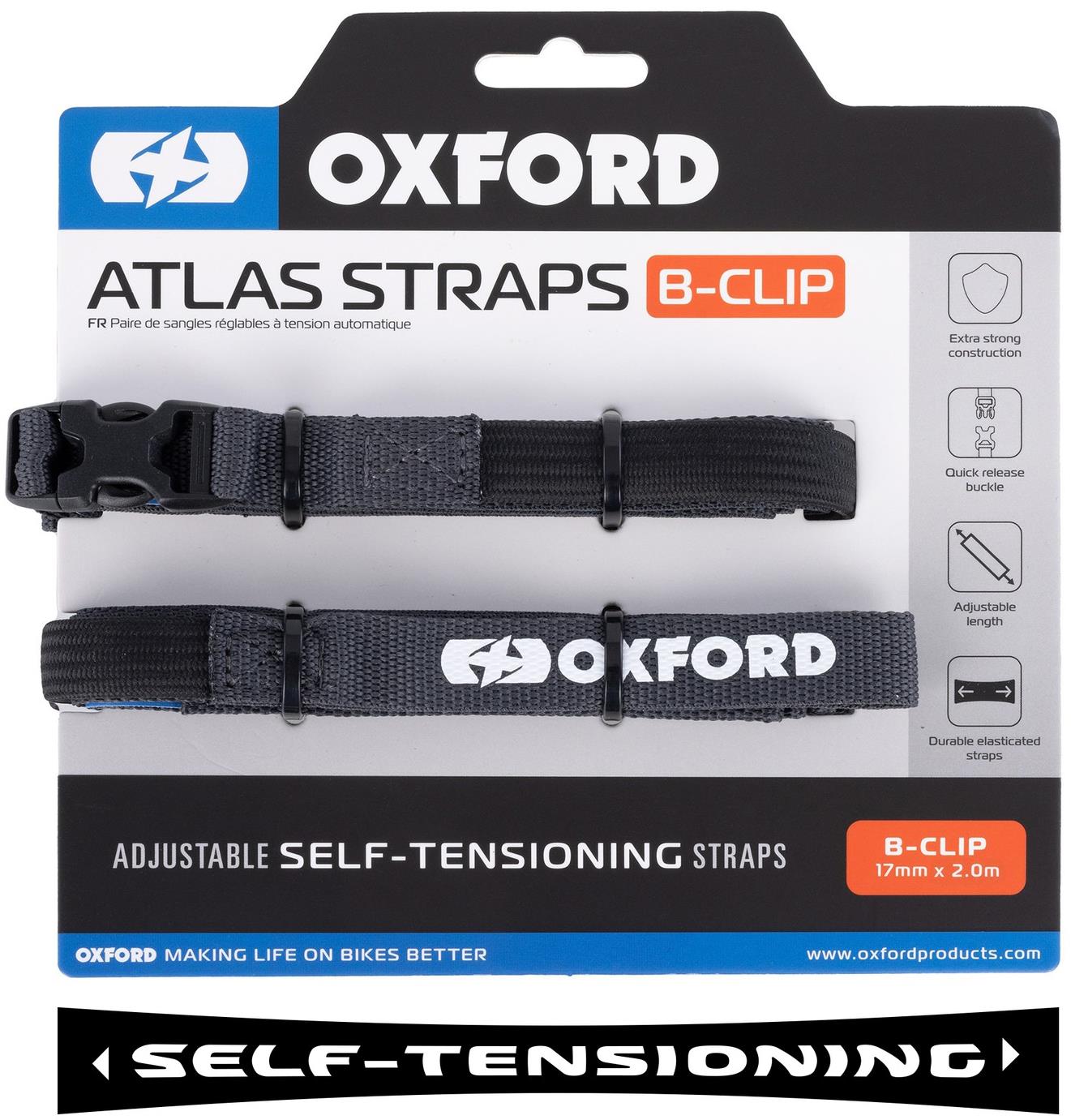 OXFORD zavazadlové popruhy Atlas B-Clip, 2 ks, 17 mm × 2 m, šedé