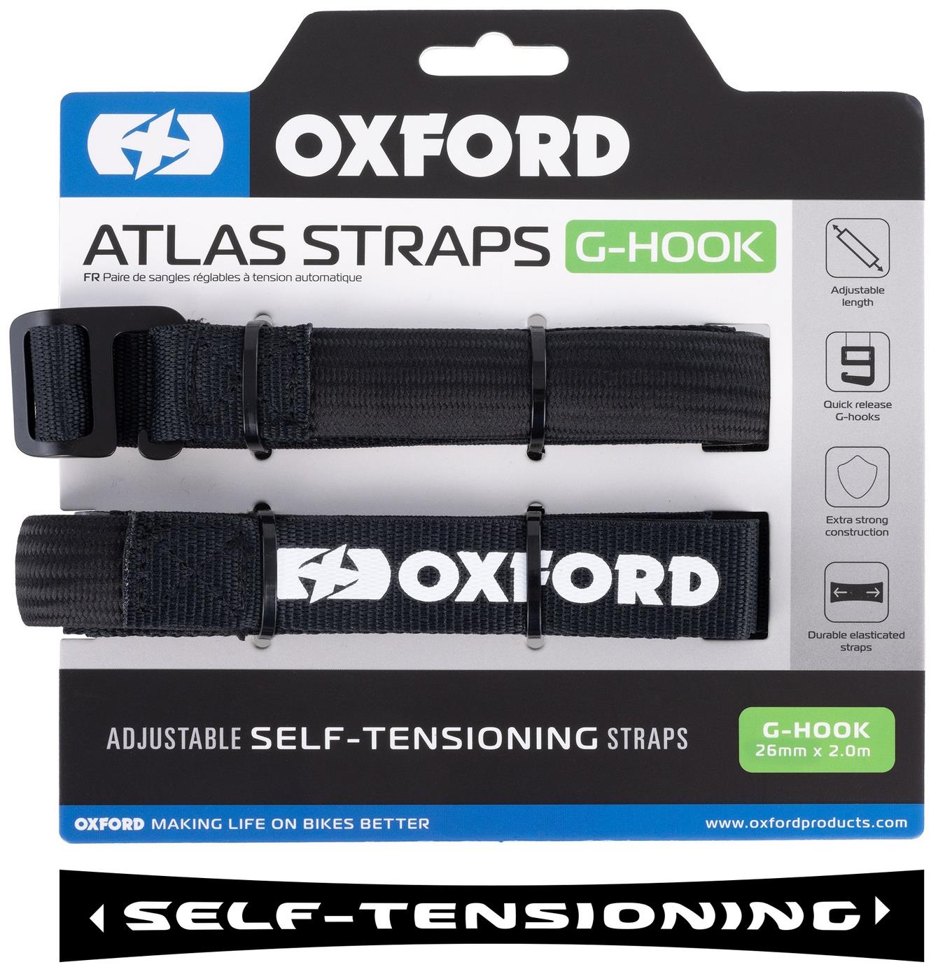 OXFORD zavazadlové popruhy Atlas G-Hook, 2 ks, 26 mm × 2 m, černé