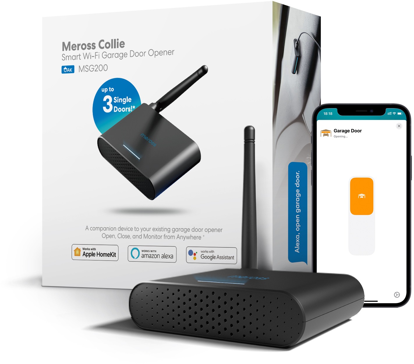 Meross Smart Wi-Fi Garage Door Opener, wireless, for 3 doors