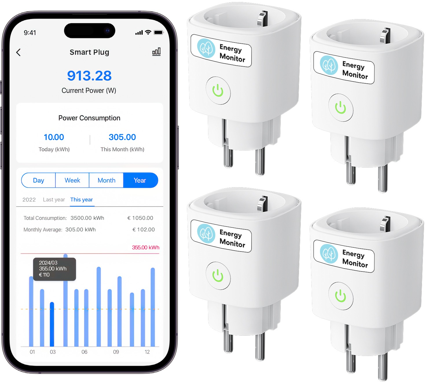 Meross Matter Compatible Smart Wi-Fi Plug with Energy Monitor (4 pack)