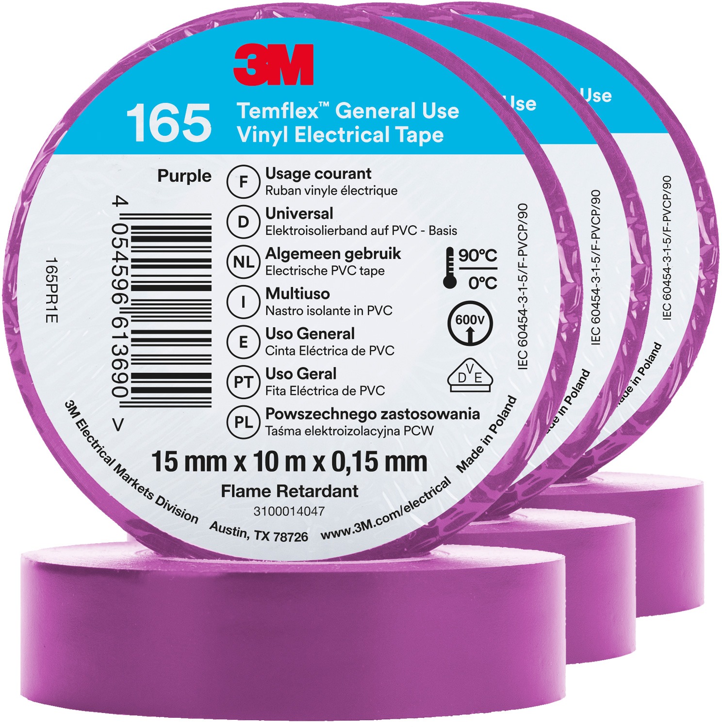 3M Izolační páska Temflex 165, rozměr 15 mm x 10 m x 0,15 mm, fialová barva