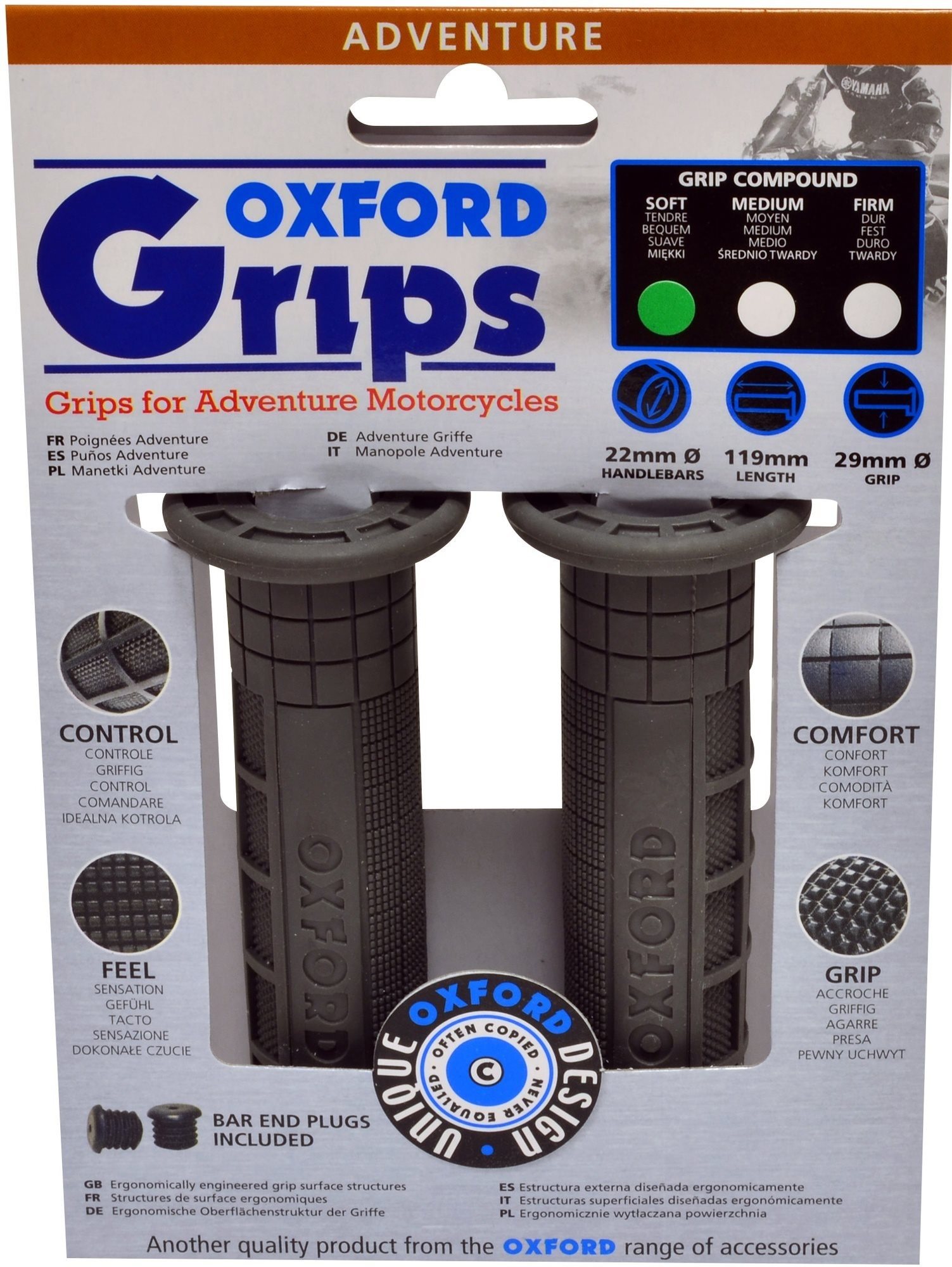 Oxford gripy Adventure, tmavě šedá pryž, tvrdost pryže medium, na řidítka o průměru 22 mm, pár
