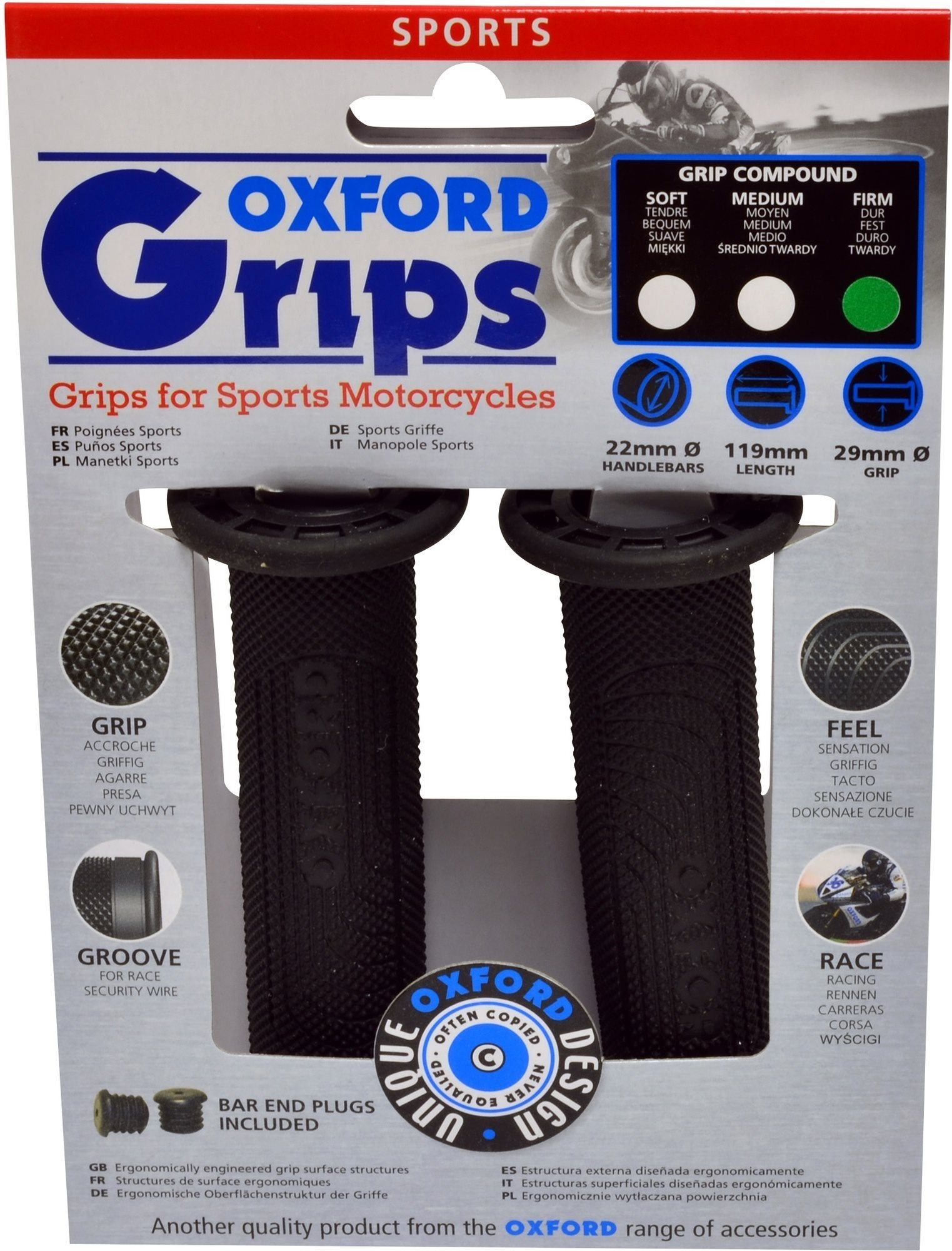 Oxford gripy Sport, černá pryž, tvrdost pryže medium, na řidítka o průměru 22 mm, pár