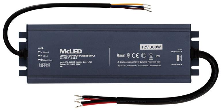 McLED Napájecí zdroj longevity 300 W, DC12V/25A, IP67, hliníkový