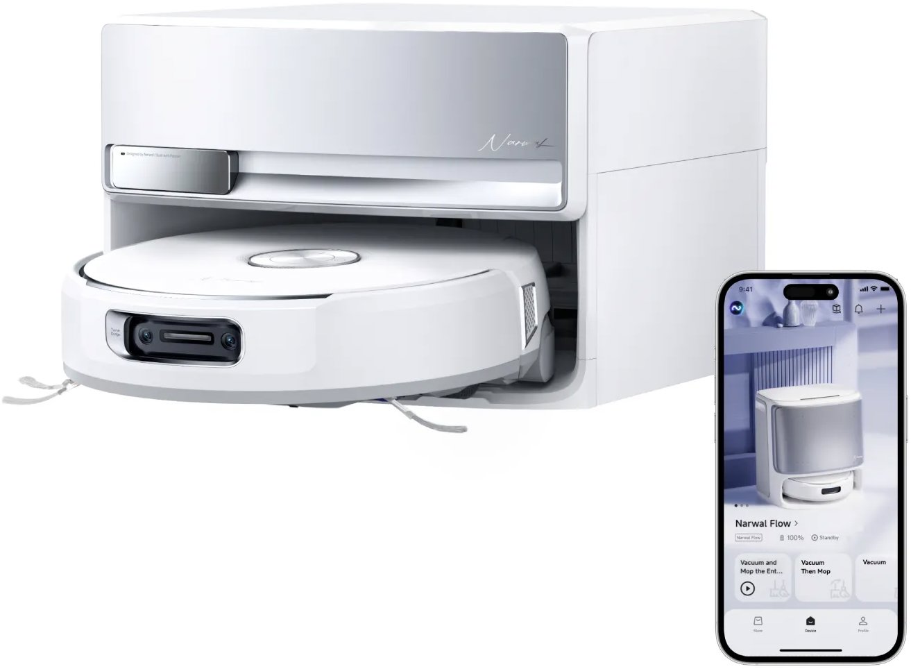 Narwal Flow Compact Station AI robot s pásovým mopem a samočistící stanicí s napojením na odpad