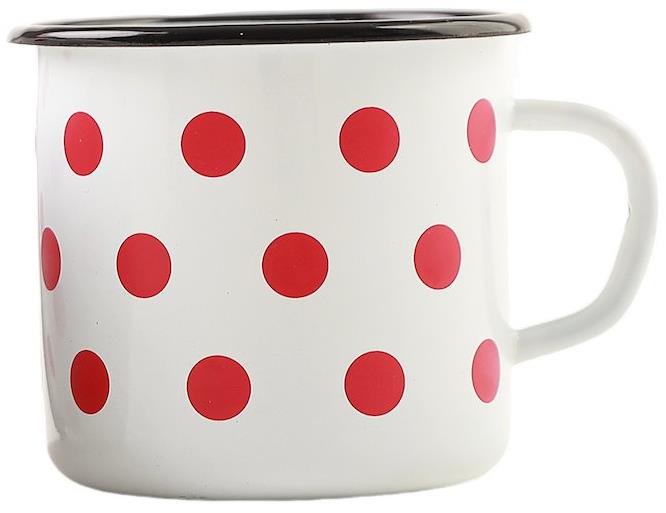 Olymp, vzor puntík, smaltovaný hrnek 8 cm, 0,4 l, bílý s černým lemem + červený puntík