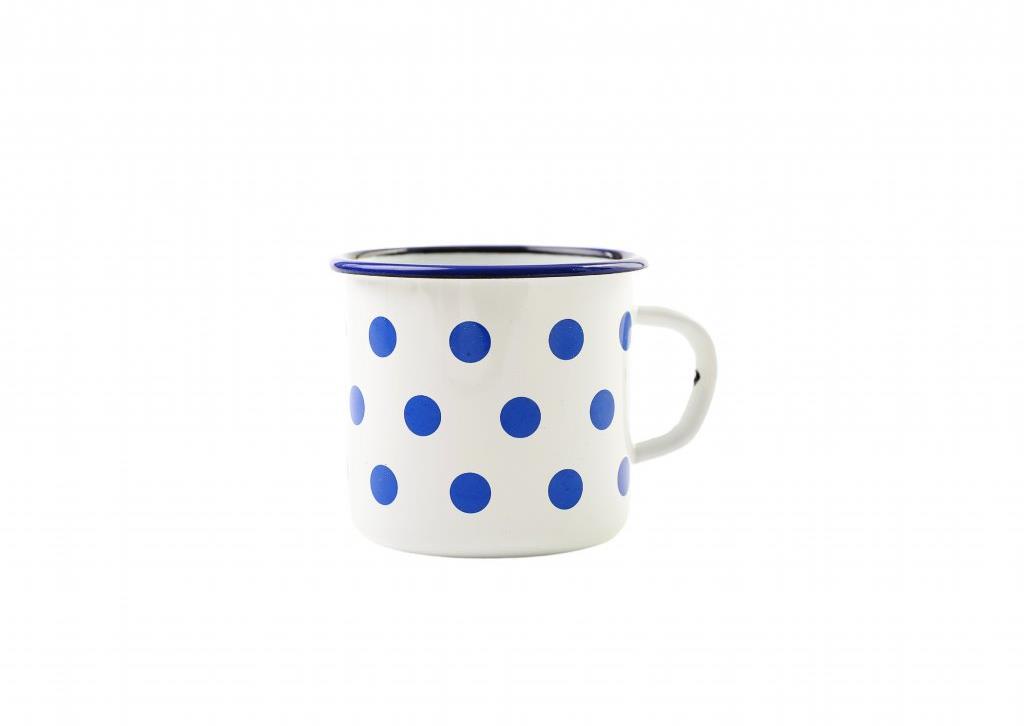 Olymp, vzor puntík, smaltovaný hrnek 8 cm, 0,4 l, bílý s modrým lemem + modrý puntík