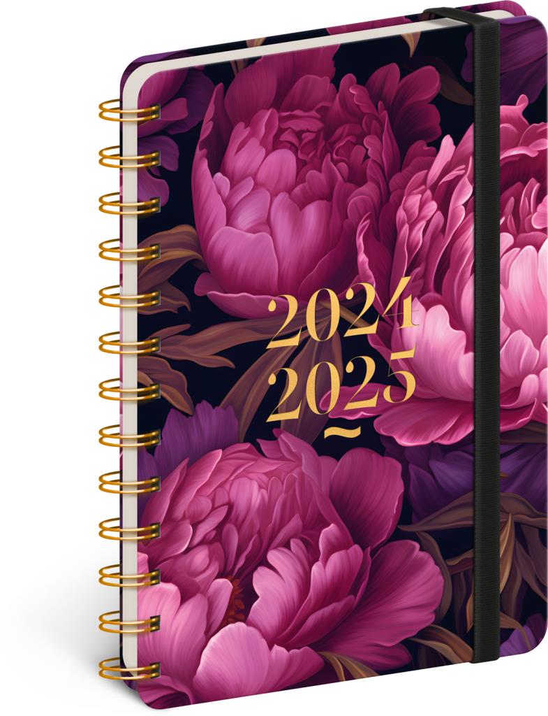 NOTIQUE Spirálový 18 měsíční diář Petito – Fialové květy 2024/2025, 13 × 18 cm