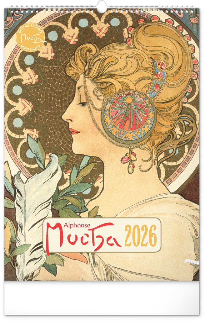 NOTIQUE Alfons Mucha 2026, 33 x 46 cm - kvalitní diář s kovovou pokrývkou a krásnými obrázky od Alfonse Muchy.