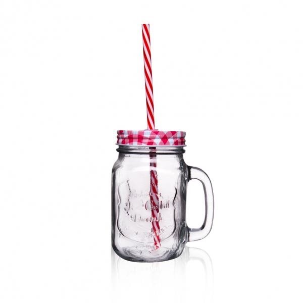 ORION Sklenice s víčkem a brčkem 0,45 l STRAW karo