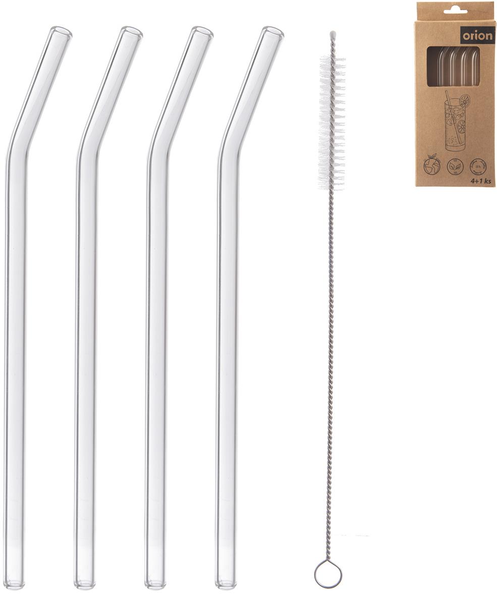 ORION Brčka nápojová zahnutá 20 cm 4 ks, borosil. sklo + kartáček
