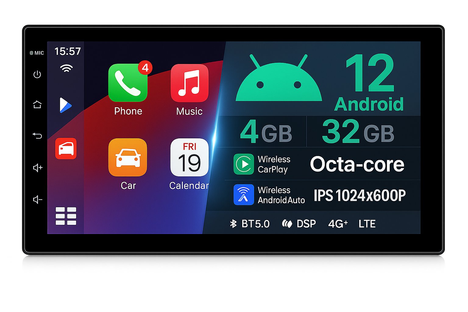 Ossuret Univerzální Autorádio 4 GB RAM, CarPlay, Android Auto, GPS Navigace, Bluetooth, WiFi, DSP