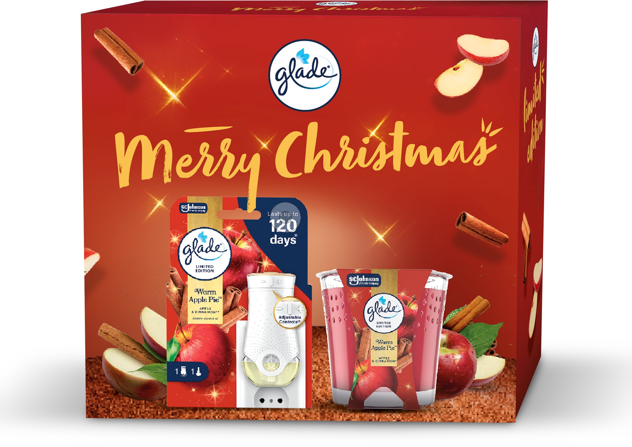 GLADE Vánoční balíček (Electric Warm Apple Pie a svíčka Warm Apple Pie 112 g)