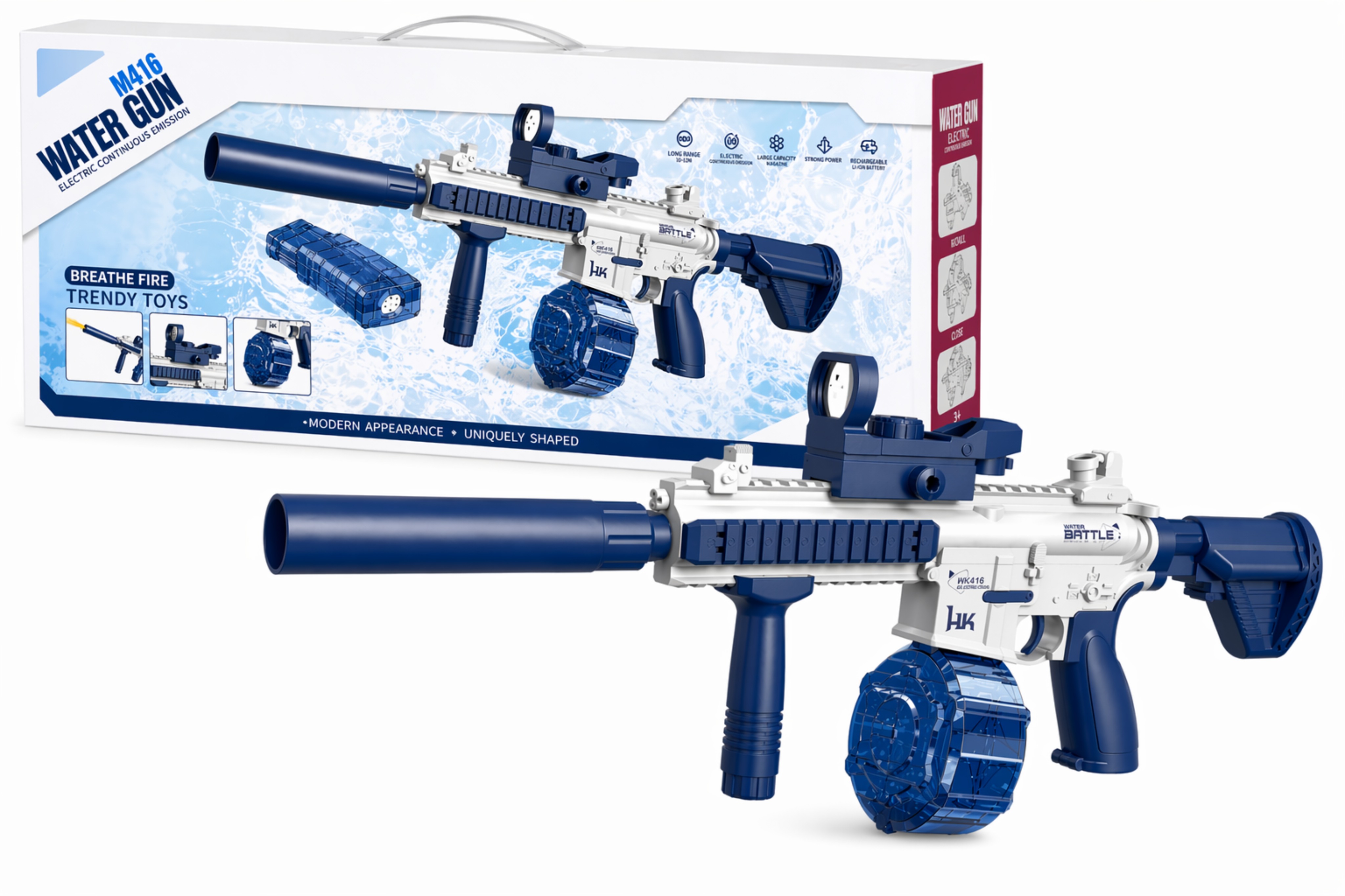 BATTLE Elektrická vodní pistole - M416, 2 zásobníky, modrá