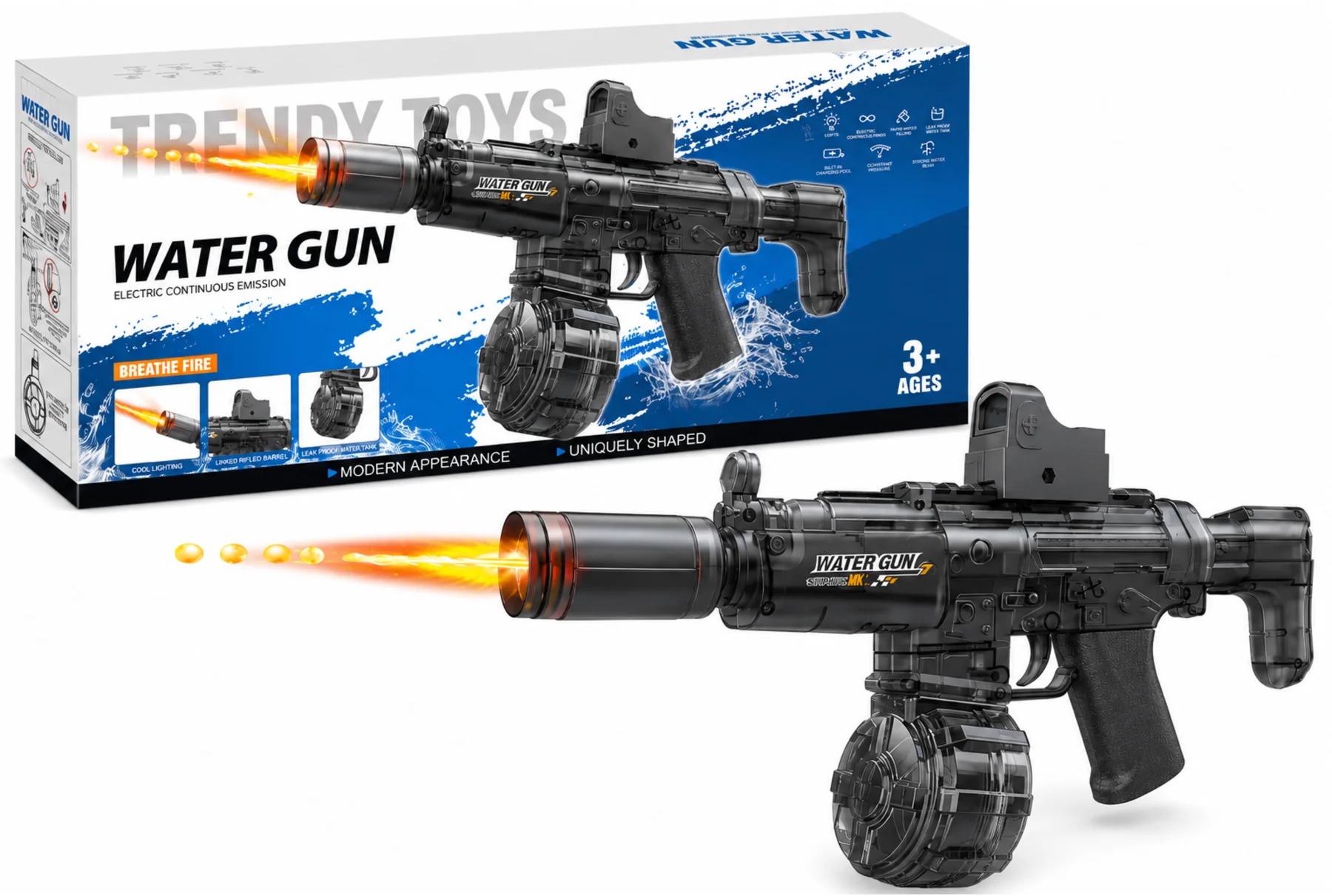 BATTLE Elektrická vodní pistole AK47 – světelné efekty, dostřel 8–10 m, 270 ml zásobník, černá