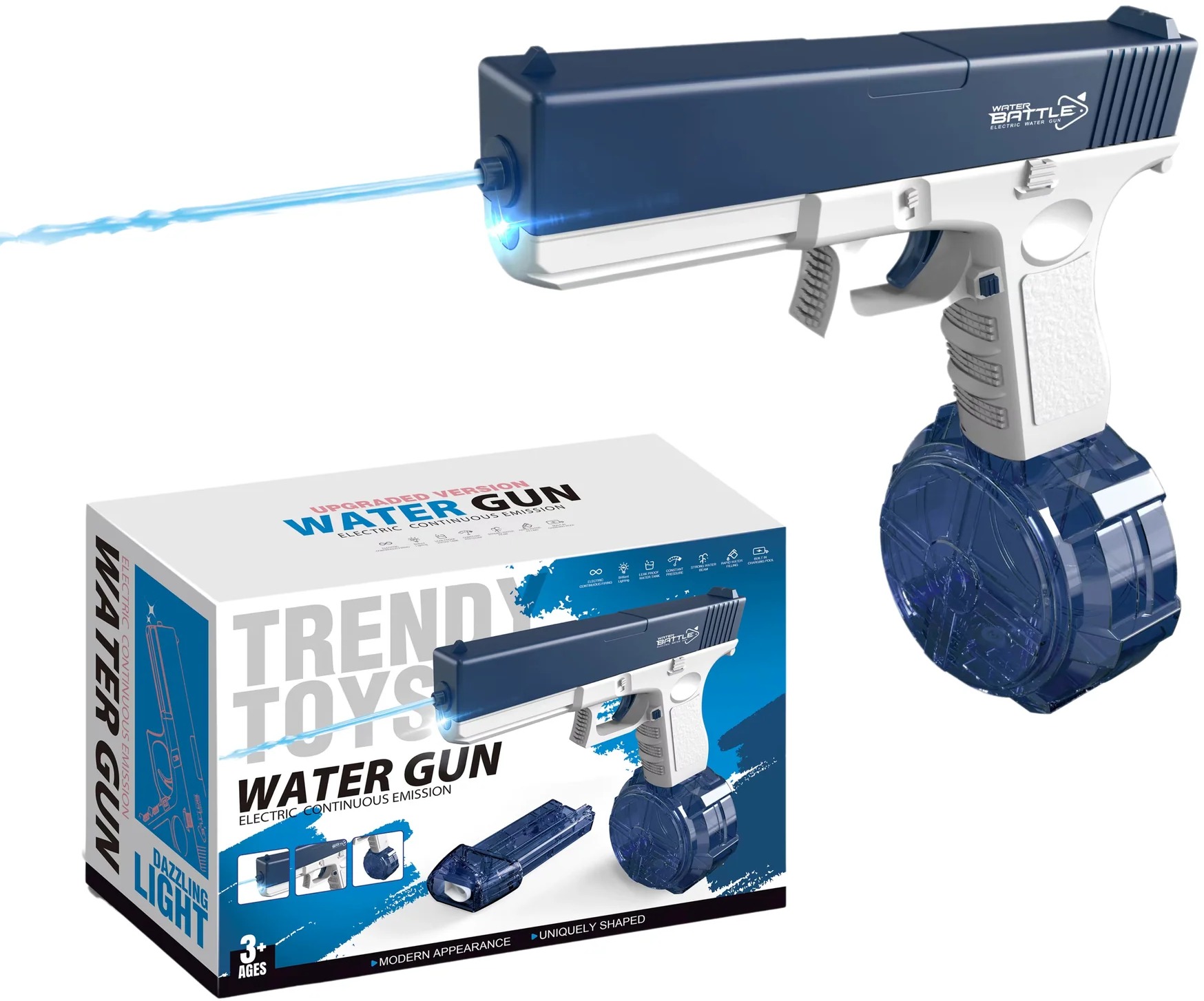 BATTLE Elektrická vodní pistole Glock - LED světlo, 8–10 m dostřel, 2 zásobníky, modrá