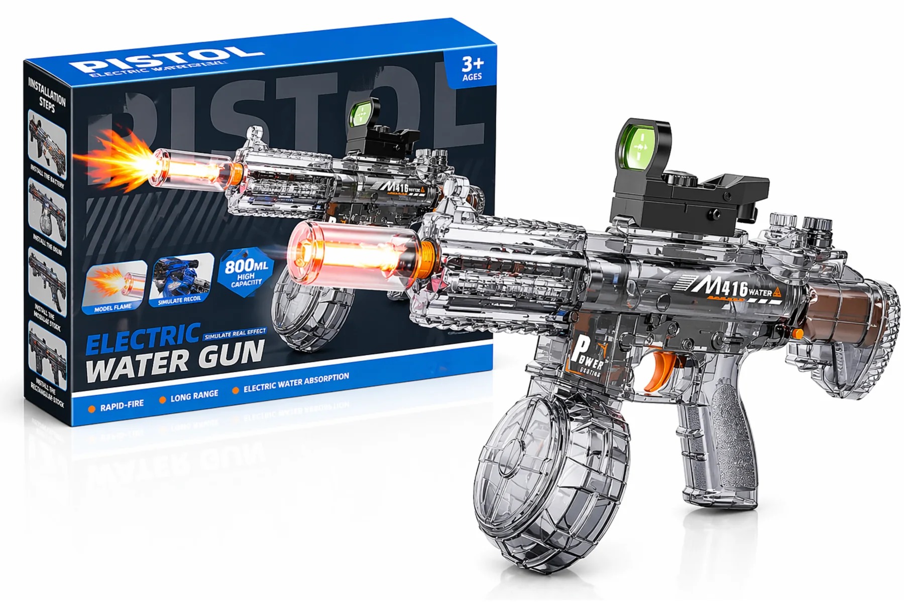 BATTLE Elektrická vodní pistole M416 - světelné efekty, dostřel 8–10 m, 170 ml zásobník, černá