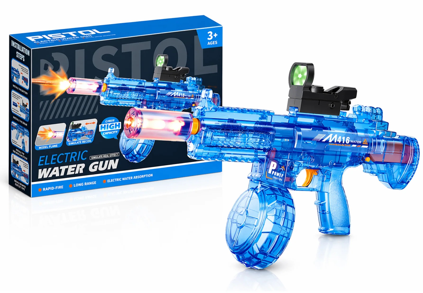 BATTLE Elektrická vodní pistole M416 - světelné efekty, dostřel 8–10 m, 170 ml zásobník, modrá