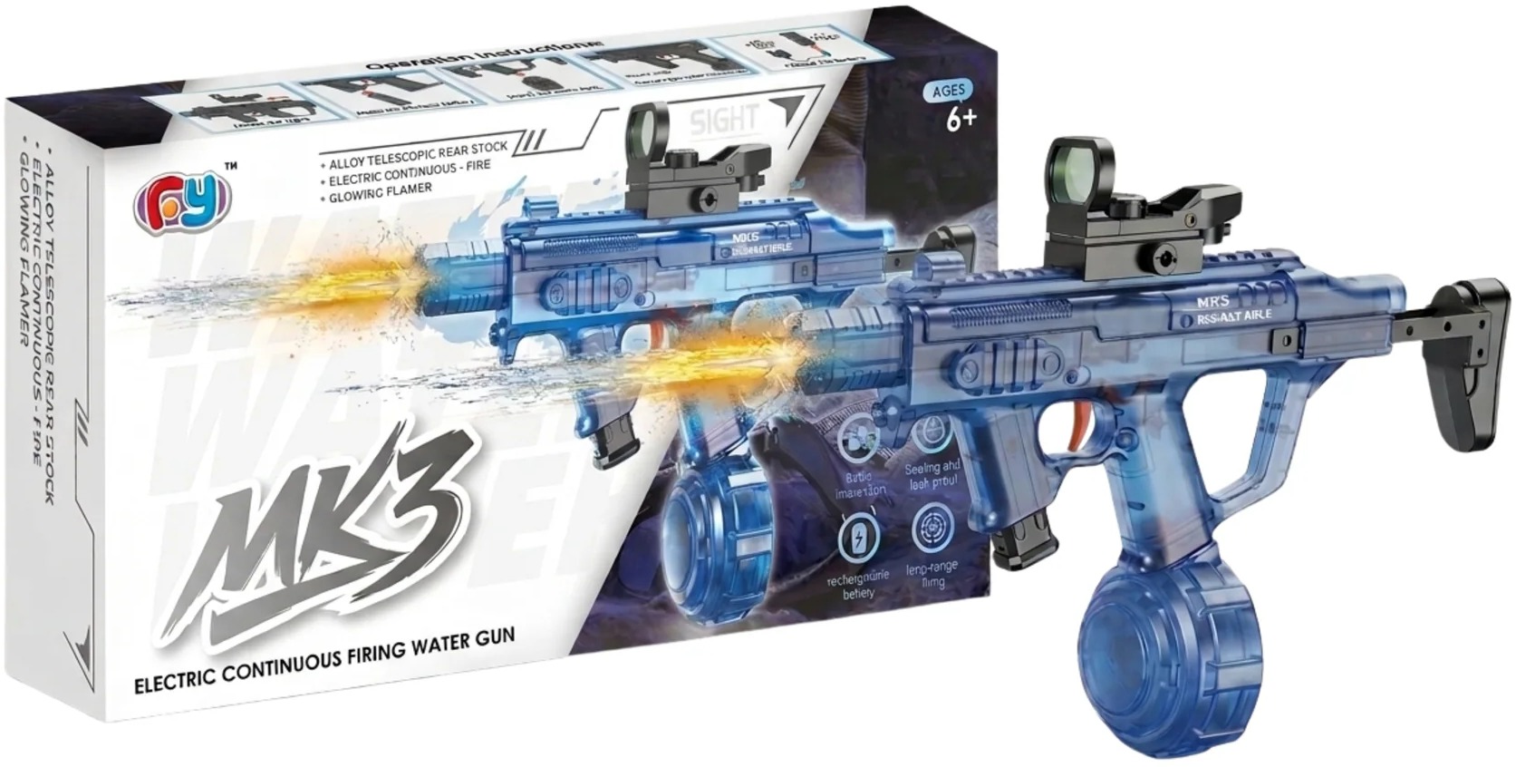 BATTLE Elektrická vodní pistole MK3 - dostřel 8–10 m, 270 ml zásobník, 800 mAh baterie, modrá