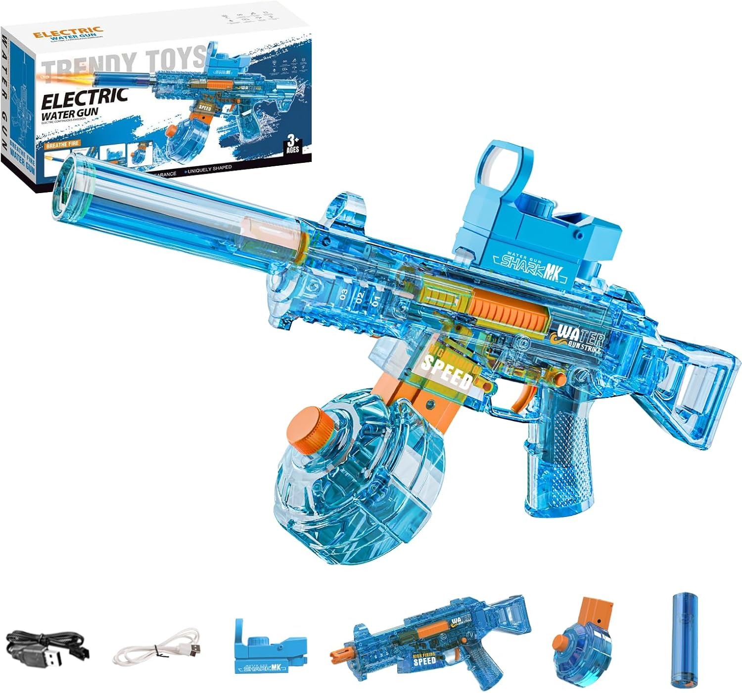 BATTLE Elektrická vodní pistole UMP45 – světelné efekty, dostřel 8–10 m, 350 ml zásobník, modrá