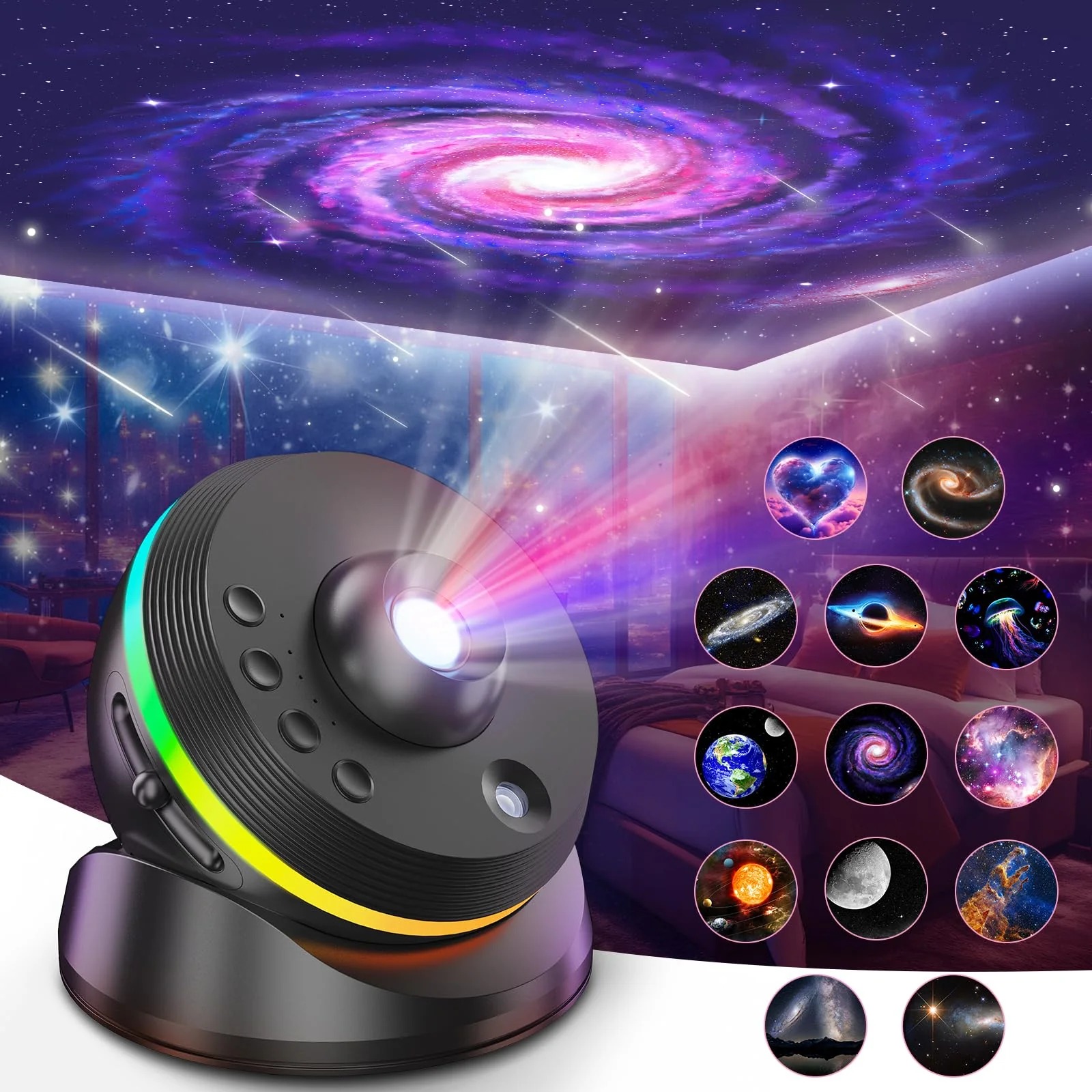 Bolong Projektor galaxie s funkcí meteoritu 6. generace – 13 kazet 4K, 360° nastavitelný úhel, černý