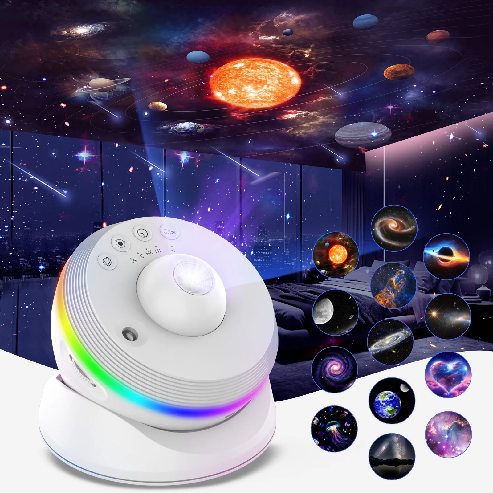 Bolong Projektor galaxie s funkcí meteoritu 6. generace – 13 kazet 4K, 360° nastavitelný úhel, bílý