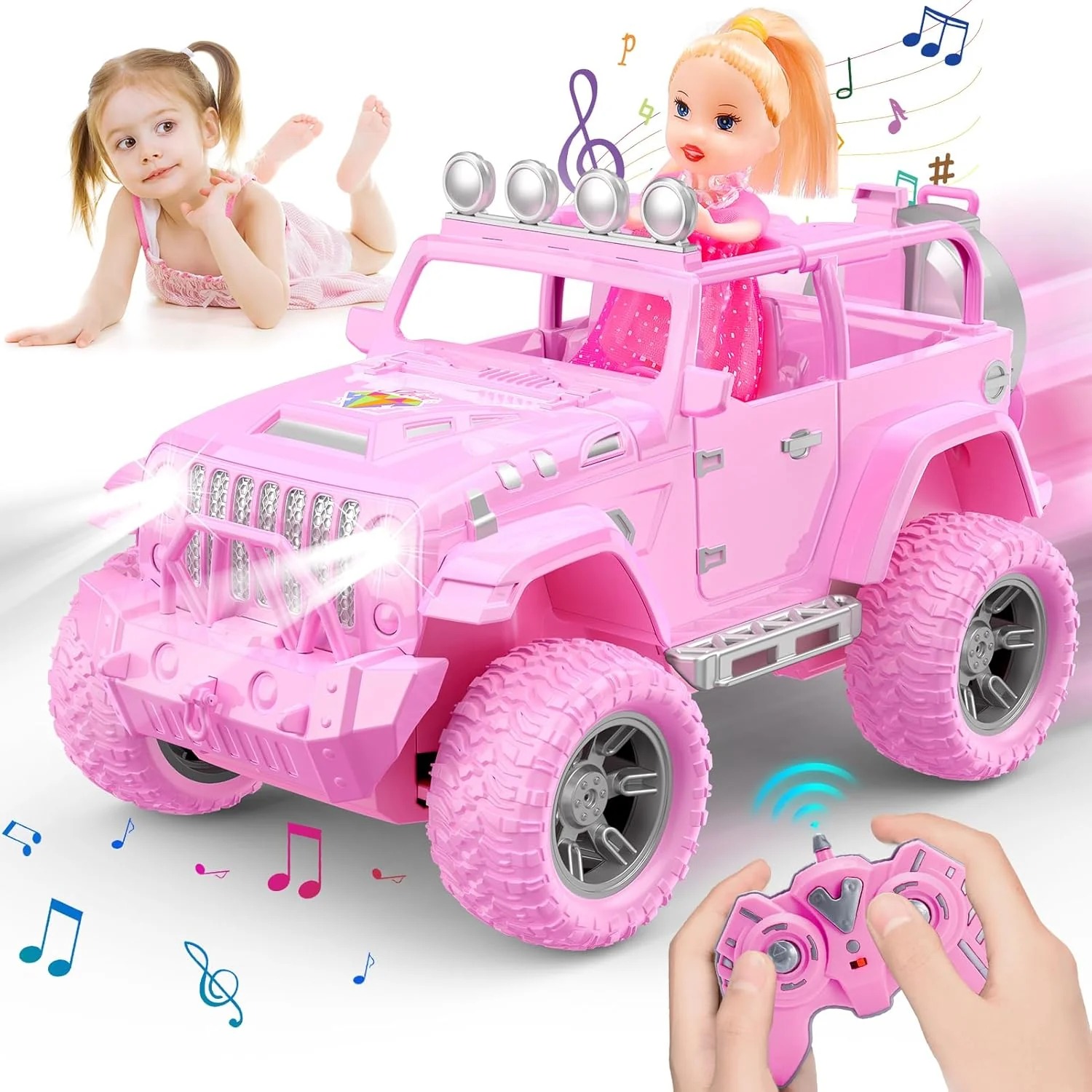 HappyGoLucky Dětské RC auto s panenkou, růžové SUV, dálkové ovládání