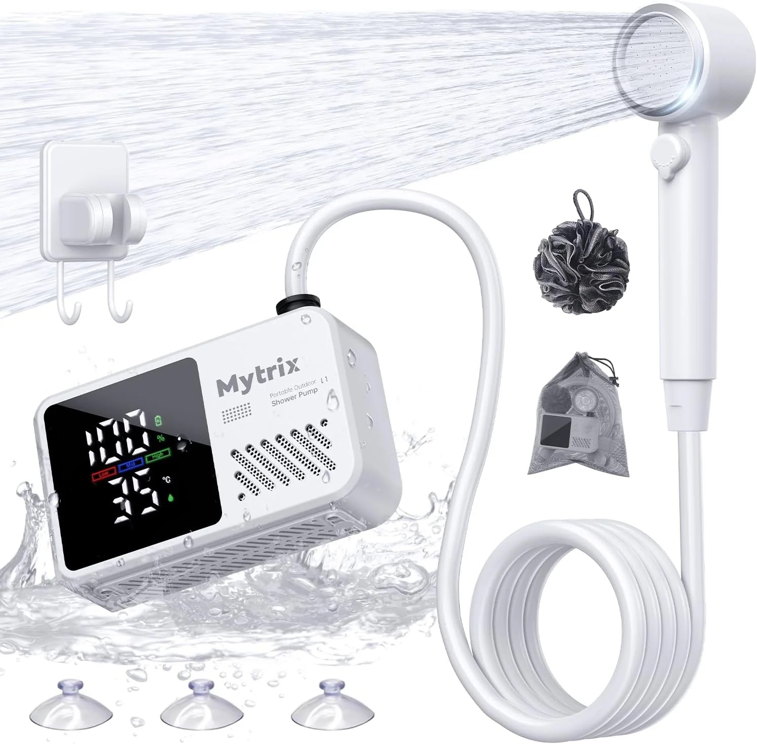 Mytrix Přenosná kempingová sprcha L1 – 10 l/min, 7800 mAa, bílá